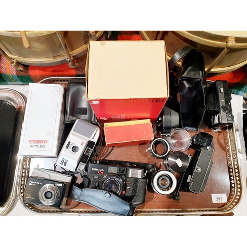 293 - A selection of cameras and accessories including a Konica C35 camera. UK shipping £14.