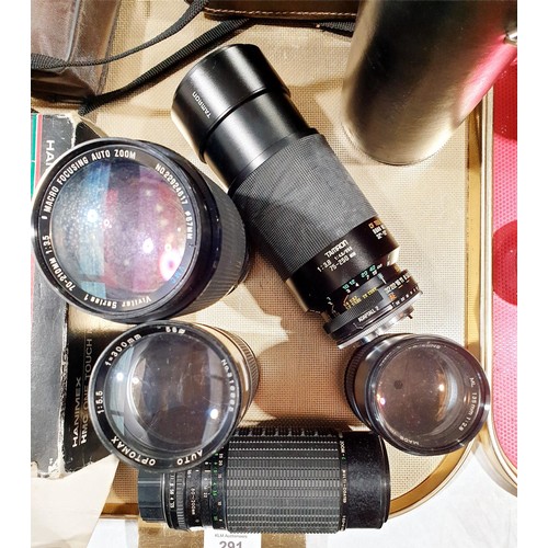 291 - Camera lenses and vintage binoculars. UK shipping £14.