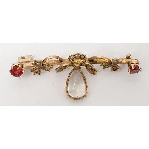 3 - A 9ct gold bar brooch set with red and clear stones, and seed pearls, A/F, length 4cm, gross weight ... 