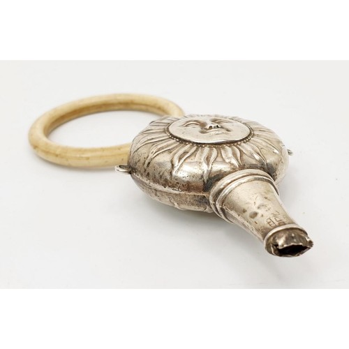 16 - A hallmarked silver rattle, A/F, gross weight 43g, length 13cm, Birmingham assay, date mark rubbed. ... 