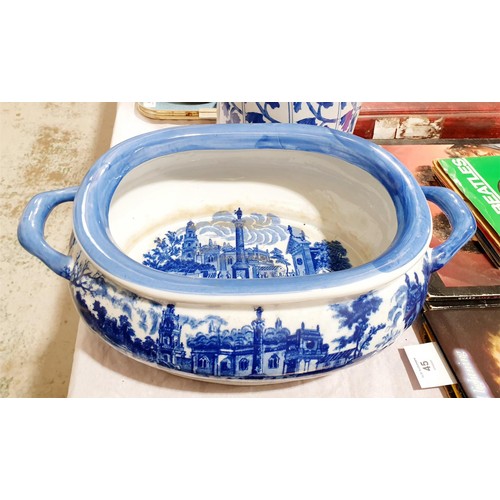 30 - A Victoria Ware blue and white ornamental planter, width 46cm together with a blue and white umbrell... 