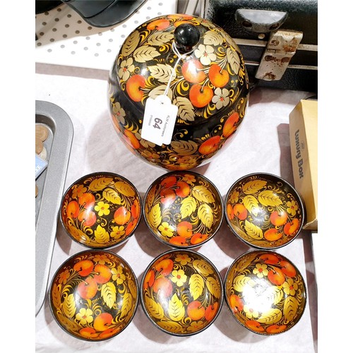 64 - A Russian hand painted papier mache lidded jar, height 20cm together with six matching bowls. UK shi... 