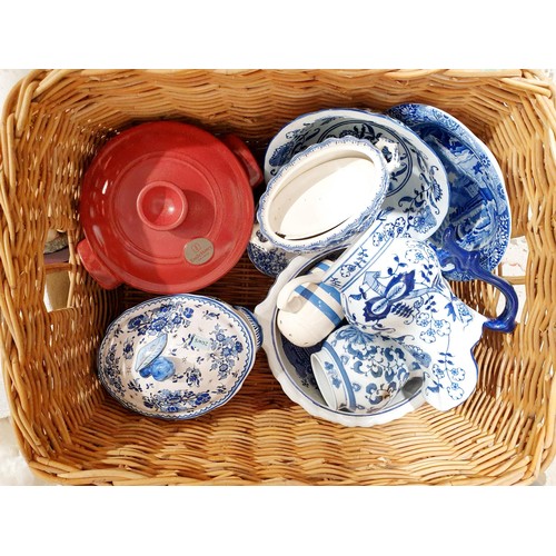 81 - A box of assorted including Wedgwood Peter Rabbit and a wicker basket with blue and white ware. No s... 