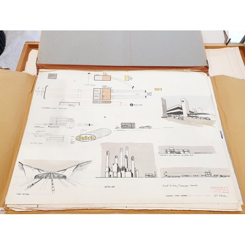 144 - An architect's folio case with architectural drawings, length 115cm, width 84cm. No shipping. Arrang... 