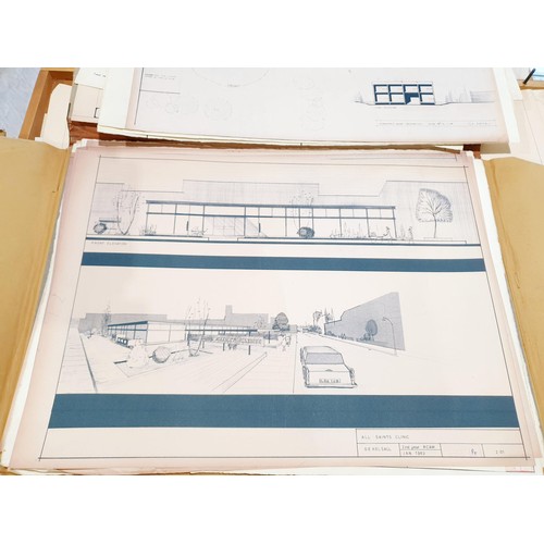 144 - An architect's folio case with architectural drawings, length 115cm, width 84cm. No shipping. Arrang... 