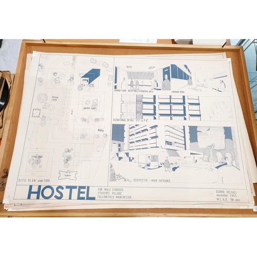 144 - An architect's folio case with architectural drawings, length 115cm, width 84cm. No shipping. Arrang... 