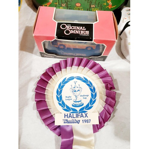 161 - A Halifax Rugby League Challenge Cup 1987 Wembley rosette together with a boxed model of a bus. UK s... 