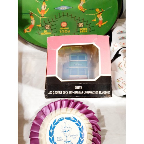 161 - A Halifax Rugby League Challenge Cup 1987 Wembley rosette together with a boxed model of a bus. UK s... 