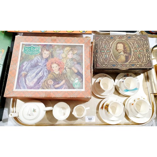 181 - A vintage Victory wooden jigsaw puzzle, children's tea ware and tea cards. UK shipping £14.