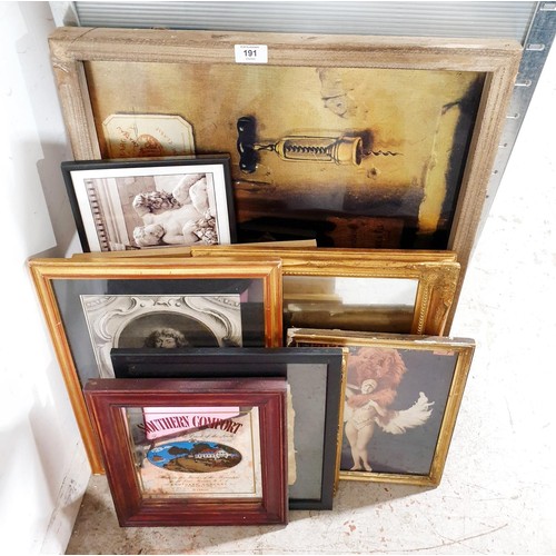 191 - A selection of pictures and mirrors including a Southern Comfort advertising mirror, overall size 34... 