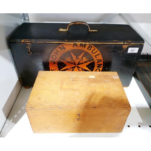 207 - A vintage St John Ambulance wooden first aid box, width 48cm together with one other wooden box. No ... 