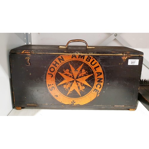 207 - A vintage St John Ambulance wooden first aid box, width 48cm together with one other wooden box. No ... 