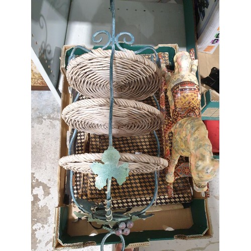 216 - Two boxes including a decorative rocking horse ornament, a three tier wicker and wrought iron stand ... 