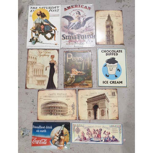 217 - A selection of tin wall signs, the largest 40.5x30cm. No shipping. Arrange collection or your own pa... 