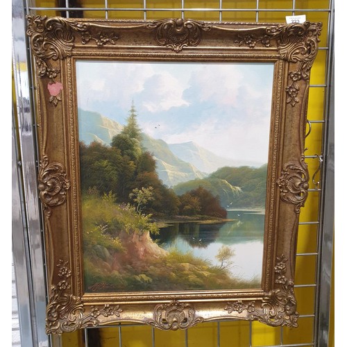 223 - An oil on canvas painting depicting a lake and mountain scene, signed A. G. Kurtis, 51x40.5cm. No sh... 