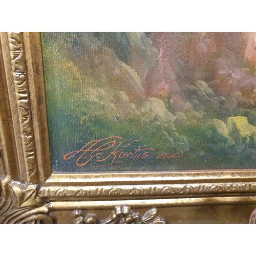 223 - An oil on canvas painting depicting a lake and mountain scene, signed A. G. Kurtis, 51x40.5cm. No sh... 