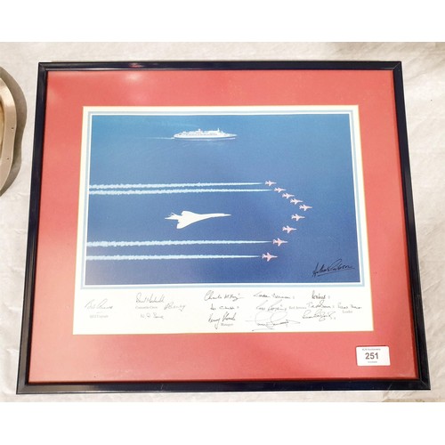 251 - A framed print of Concorde, the Red Arrows and the QE II liner, 28.5x35.5cm together with a photogra... 