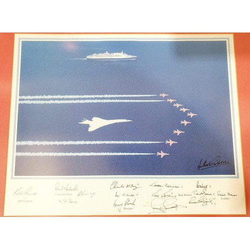 251 - A framed print of Concorde, the Red Arrows and the QE II liner, 28.5x35.5cm together with a photogra... 