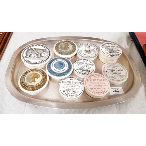 252 - Ten 19th century toothpaste and other pot lids, some A/F. UK shipping £14.