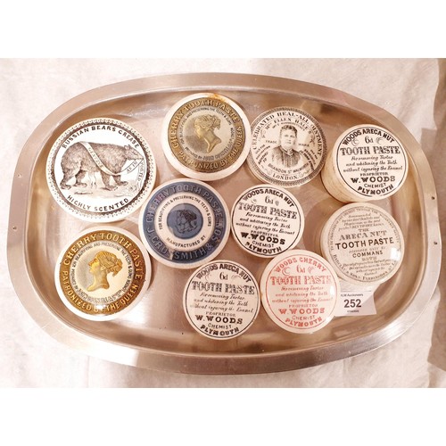 252 - Ten 19th century toothpaste and other pot lids, some A/F. UK shipping £14.