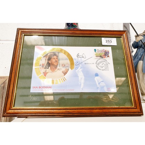 253 - A framed Ian Botham signed limited edition first day cover together with a cricketing book, Illusive... 