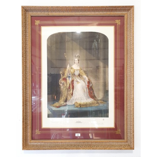 275 - A framed print of Queen Victoria in her coronation robes, 96x72.5cm. No shipping. Arrange collection... 