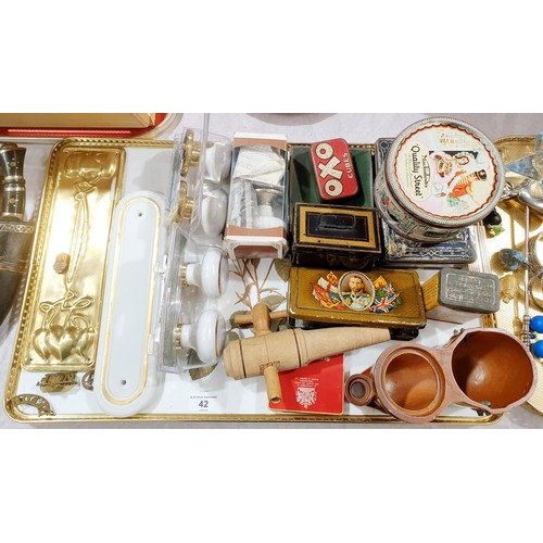 42 - A tray of assorted including vintage tins and a vintage Redline badge. UK shipping £14.