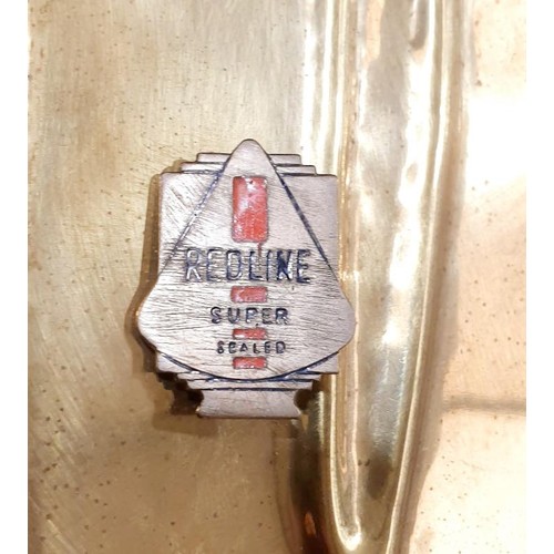 42 - A tray of assorted including vintage tins and a vintage Redline badge. UK shipping £14.