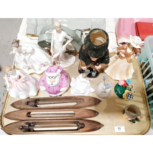 65 - A tray of assorted including Royal Doulton figures and a Sherlock Holmes Toby jug, the tallest 23.5c... 