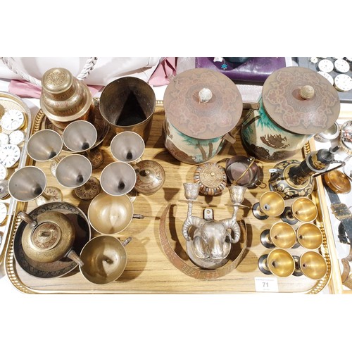 71 - Assorted metal ware including two antique pirate themed biscuit barrels, height 17cm and a silver pl... 