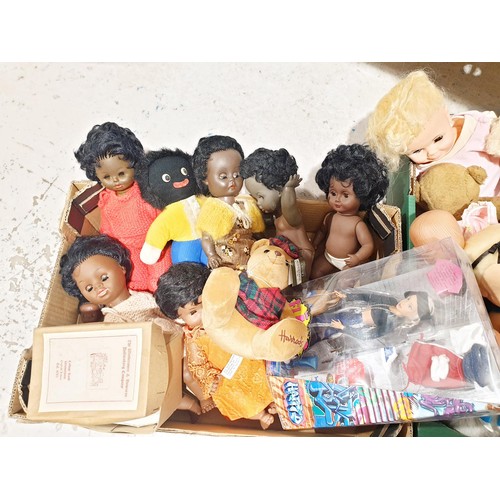 92 - Two boxes of vintage and later soft toys and dolls including an A-Team figure and a Harrod's bear. N... 
