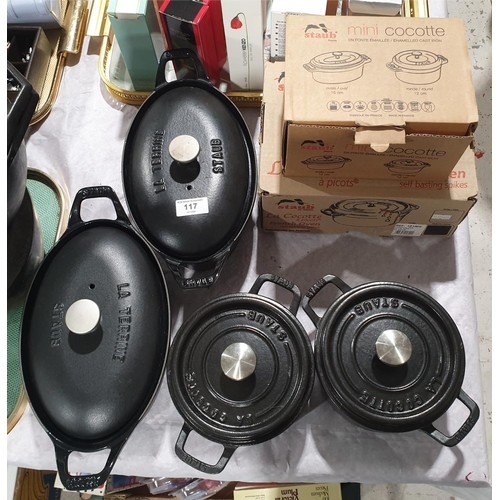 117 - Six pieces new of Staub Cocotte cast iron lidded cookware including two boxed. No Shipping. Arrange ... 
