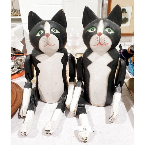 48 - Two wooden articulated cat ornaments, one A/F,  the tallest 35cm. No international shipping.