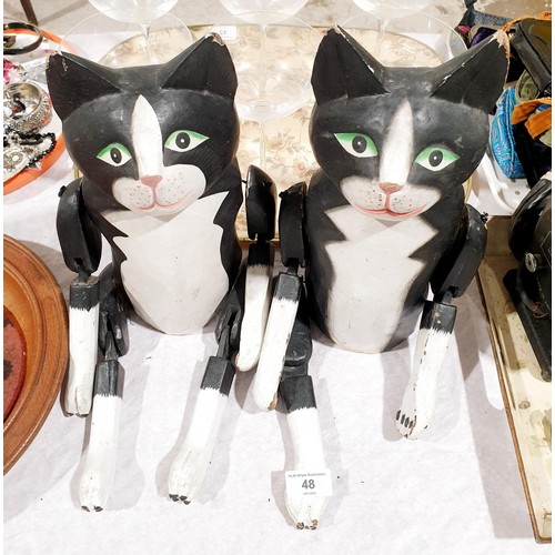 48 - Two wooden articulated cat ornaments, one A/F,  the tallest 35cm. No international shipping.