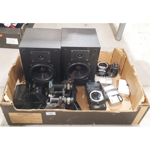 106 - A box including a pair of JPW shelf speakers, Carl Zeiss WWI field glassed, cameras and assorted. No... 