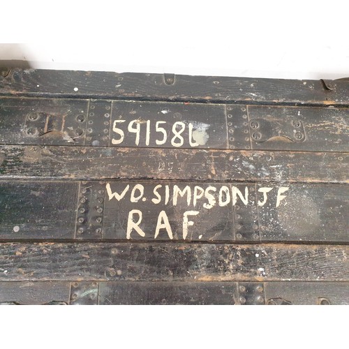 202 - An antique wooden chest with owners name Warrant Officer Simpson, J, F, RAF, 83.5x53.5x58.5cm. No sh... 