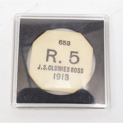 210 - AUSTRALIA. KEELING AND COCOS ISLANDS. Emergency coinage.
Plastic Ivorine 5 Rupee, 1913.
Obv: KEELING... 