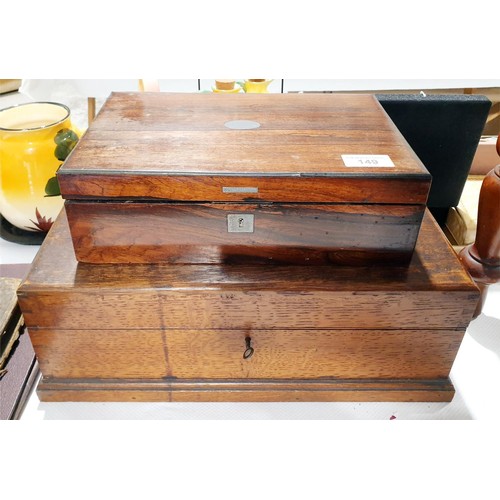 149 - An antique oak box with feather banding inlay, width 39cm together with one other rosewood box. No S... 