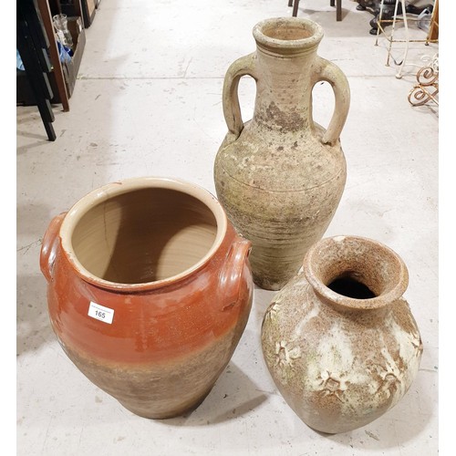 165 - A terracotta garden amphora, height 60cm, a ceramic vase, A/F and a large earthenware crock. No Ship... 
