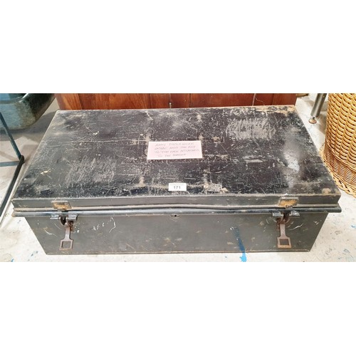 171 - A vintage tin trunk, width 72cm with army related paperwork. No Shipping. Arrange collection or your... 