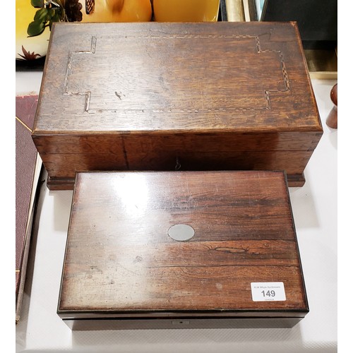 149 - An antique oak box with feather banding inlay, width 39cm together with one other rosewood box. No S... 