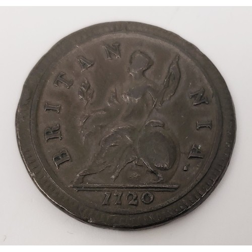 52 - George I: a halfpenny, 1720, VF. UK shipping £15, we combine lots for shipping. No shipping to the U... 