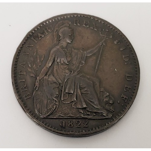 56 - George IIII: a farthing, 1822, XF. UK shipping £15, we combine lots for shipping. No shipping to the... 