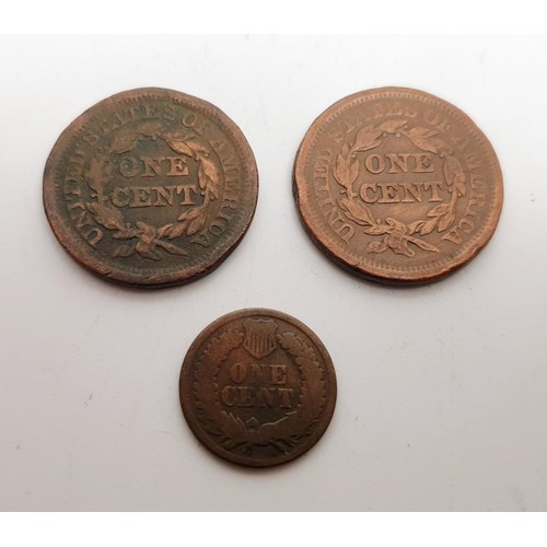 41 - USA: three one cent coins, 1851, 1864 and an unknown date. In house shipping available.