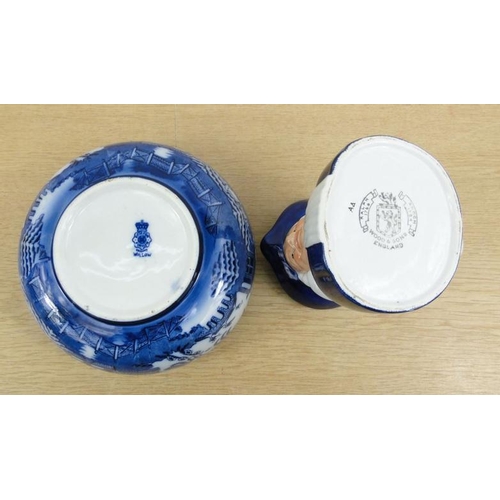 12 - Doulton Burslem willow patterned bowl and a Wood and Sons Quaker character jug