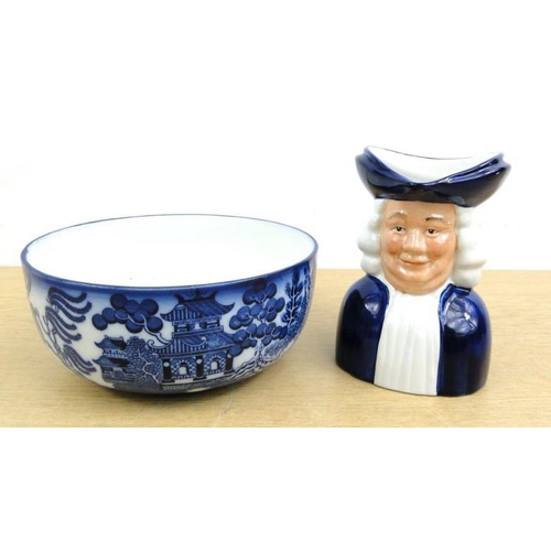 12 - Doulton Burslem willow patterned bowl and a Wood and Sons Quaker character jug