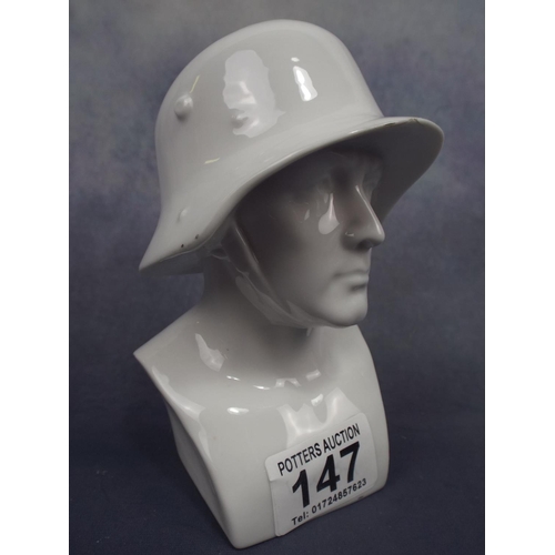 147 - Continental white porcelain bust of WW1 German Soldier. 5 inches tall.