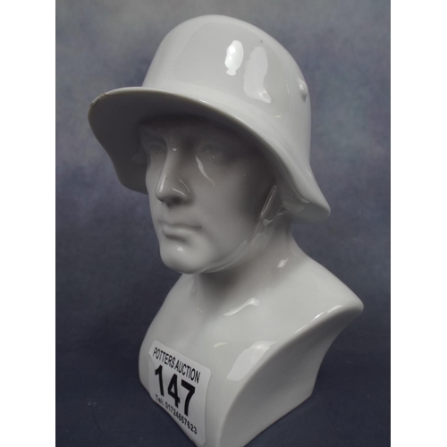 147 - Continental white porcelain bust of WW1 German Soldier. 5 inches tall.