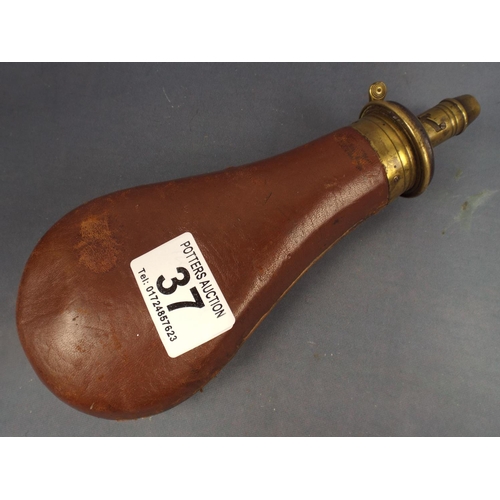 37 - Brass & leather Antique powder flask