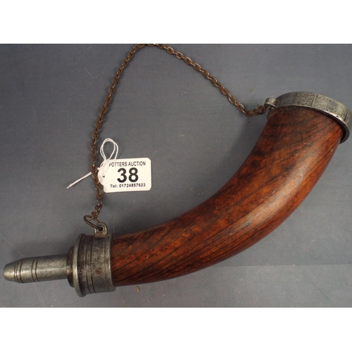 38 - Wood and pewter Antique powder horn